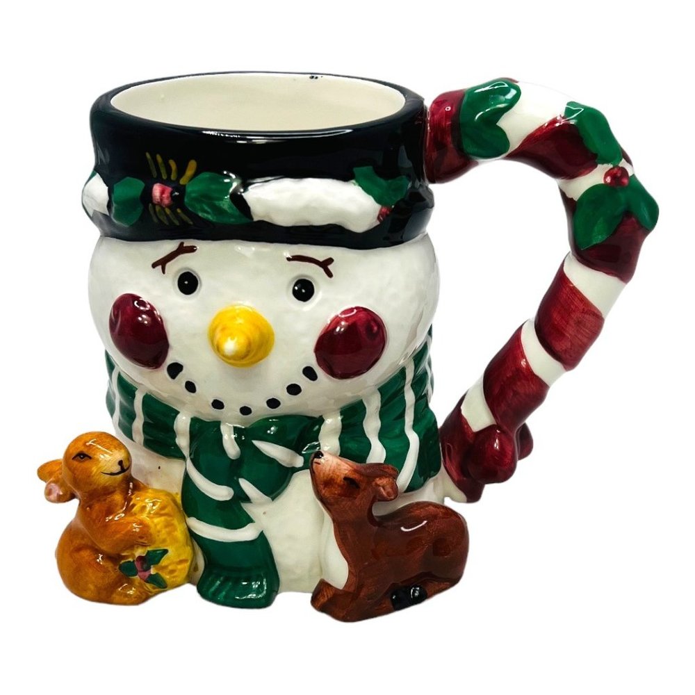 ‘Tis The Season 16 oz Snowman Mug Cup Rabbit Deer Candy Cane Handle Christmas